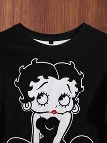 Betty Boop x SHEIN 女款時尚卡通印花圓領短袖T恤，休閒風 - 白色 - 查看 5