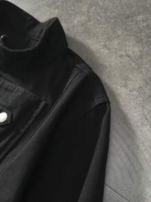 ROMWE MEN Men's Solid Color Stand Collar Casual Versatile Daily Denim Jacket - Black - View 4