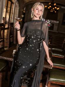 Anewsta Affair Women's Summer Romantic Beach Outfit With Heavy Craftsmanship Handmade Pearls And Asymmetrical Ruffles, Suitable For Vacation, Party, Beach - Black - View 7