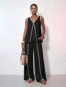 Zivah Women's Trim V-Neck Sleeveless Blouse And Wide Leg Pants 2 Pieces Set Beach Black And White Summer Elegant - Black - View 6
