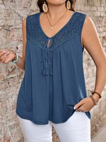 EMERY ROSE Plus Size Women's Summer Casual Vacation Lace Patchwork Tank Top - Dusty Blue - View 4