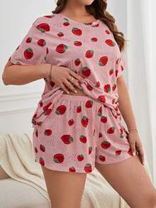 Plus Strawberry Print Tee & Shorts PJ Set / Pajama Set - Watermelon Pink - View 4