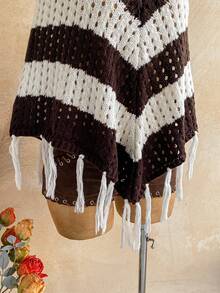 Soleia Selendang Rajut Wanita Motif Garis Cokelat Blok Warna dengan Rumbai di Bagian Bawah, Cocok untuk Liburan Musim Panas Gaya Boho. - MultiWarna - View 8