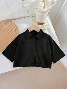 SHEIN LMoss Kids LMoss 女童編織素色寬鬆短版休閒襯衫 - 黑色 - 查看 7