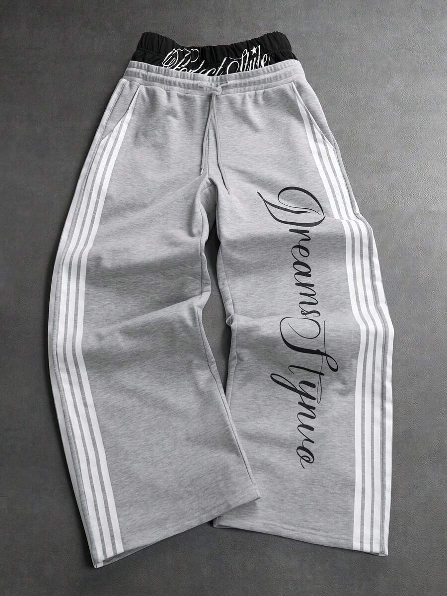 STYNVO Men's Letter Print Drawstring Waist Pocket Wide Leg Casual Sweatpants - Grey - View 1