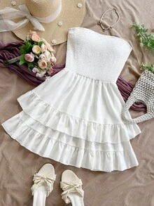 Soleia Solid Shirred Bodice Layered Hem Tube Dress - White - View 6