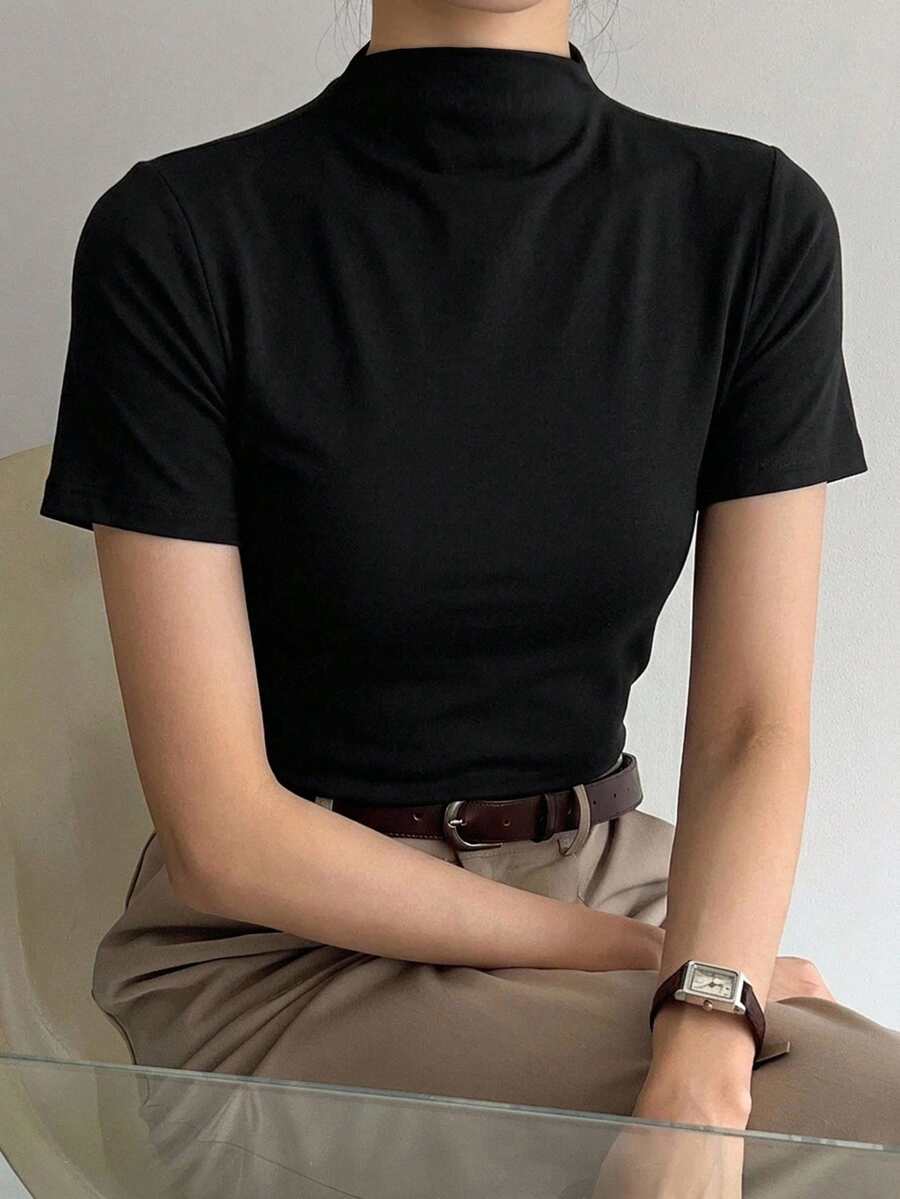 DAZY 女款純色立領短袖休閒百搭T恤 - 黑色 - 查看 1