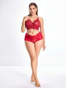 Slumbrini Sutiã com Aro Plus Size da Série Charismatic Leading Lady, Borgonha, Patchwork de Renda Bicolor com Design de Cordão, 1 Peça, Vermelho - Vinho - Visão 8