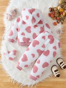 SHEIN Vintaside Kids 嬰兒毛絨套裝，加厚珊瑚絨連帽套裝附袋，可愛粉色與白色條紋愛心設計，秋冬家庭親子搭配校園風 - 白色 - 查看 3