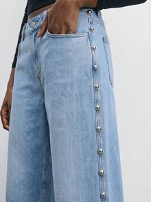 Maija Women's Casual Washed Beaded Decor Wide Leg Jeans Fall - Light Wash - View 7