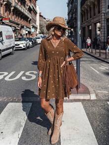 LanaWest Women's Western Casual V-Neck Corduroy Ribbed Embroidered Floral Ruched Babydoll Short Dress - Brown - View 7