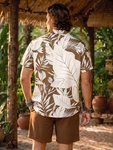 Alderstead Plus Size Men's Tropical Plant Print Short Sleeve Shirt And Shorts Beach Outfit, Holiday - Multicolor - View 2