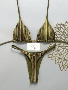 Swim Mod 女款春夏新款特殊面料金屬裝飾V領掛脖露背三角鉚釘比基尼泳衣兩件套 - 墨綠色 - 查看 1