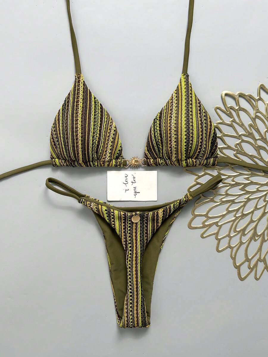 Swim Mod 女款春夏新款特殊面料金屬裝飾V領掛脖露背三角鉚釘比基尼泳衣兩件套 - 墨綠色 - 查看 1