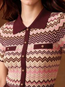 Anewsta Women's Chic Retro Style Multi-Color Patchwork Exquisite Button Short Sleeve Work Knit Top Summer - Multicolor - View 2