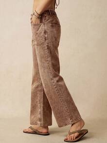 Bohemela Plus Size Casual 1950s Vintage Baggy Traditional 1960s Washed Straight Leg Jeans Dates Formal Going Out Vacation Grey Fall Beach - Brown - View 5