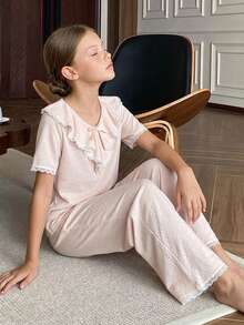 DAZY Tween Girls V-Neck Bow Decor Frill Trim Design Top And Straight Leg Pants 2 Pieces Set Loungewear - Apricot - View 2