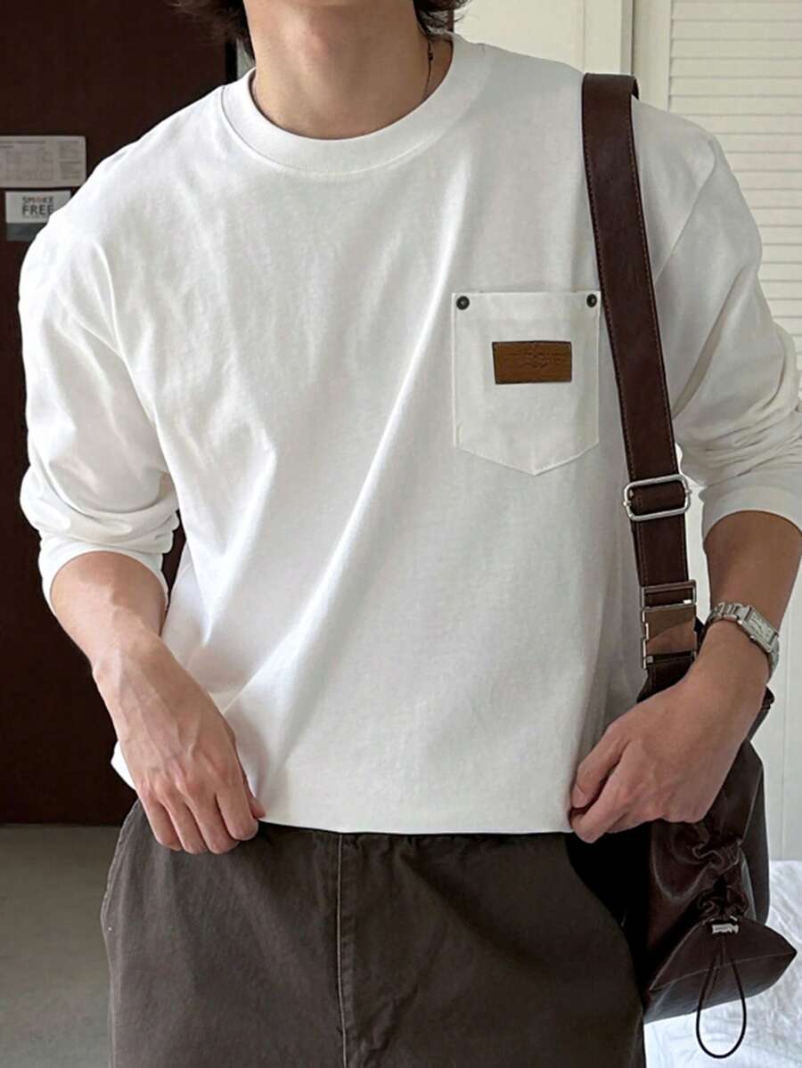 DAZY Men's Long Sleeve Knitted Fabric Crew Neck T-Shirt With Chest Pocket And Patch Design, Suitable For Layering Or Outerwear, Spring/Autumn - White - View 1