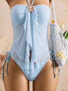 Bellisia 26SS Spring/Summer Vacation Mint Green Spaghetti Strap Floral Flowy Mesh Tank Top & Bikini Two Pieces Set - Blue - View 4