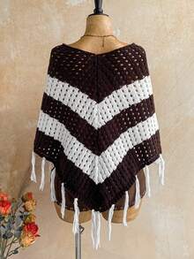 Soleia Selendang Rajut Wanita Motif Garis Cokelat Blok Warna dengan Rumbai di Bagian Bawah, Cocok untuk Liburan Musim Panas Gaya Boho. - MultiWarna - View 2