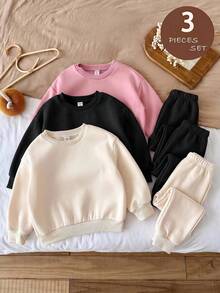 SHEIN LMoss Kids 女童 3件組 針織素色圓領寬鬆休閒秋季衛衣套裝 - 黑色 - 查看 8