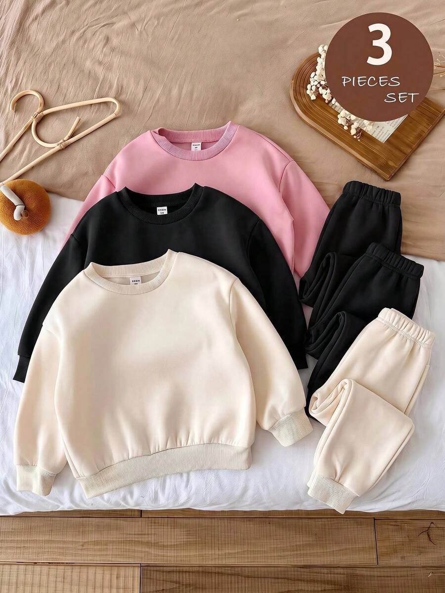 SHEIN LMoss Kids Young Girl 3件組針織素色圓領寬鬆休閒秋季衛衣套裝 - 黑色 - 查看 1