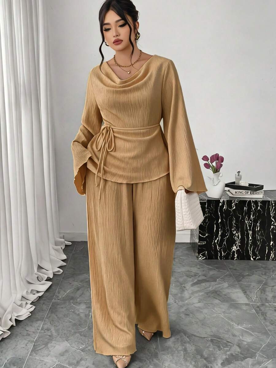 Firerie 大尺碼女款2件套 春/秋休閒傳統優雅度假居家服 披肩領喇叭袖長袖T恤上衣＋直筒長褲 駱駝色