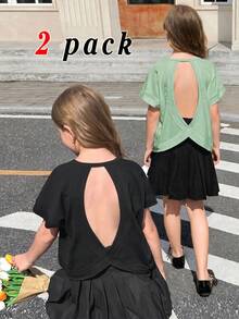 SHEIN Girlism 青少年女孩春夏兩件式休閒時尚露背交叉開背對比線條設計圓領插肩短袖寬鬆版型T恤，返校季，親子套裝 - 彩色 - 查看 4