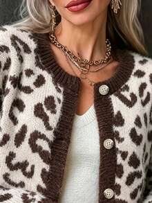 SHEIN Women's Leopard Print Single-Breasted Casual Daily Long Sleeve Cardigan - Multicolor - View 3