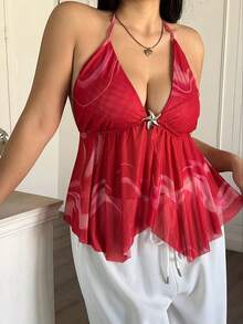 SHEIN CURVE+ 大码深V领细肩带露背吊带衫 - 紅色 - 查看 4