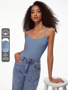 SHEIN BASICS 1件女款純色修身休閒細肩帶背心上衣 白色上衣 - 藍色 - 查看 13