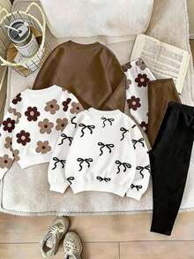 1 Set Random Young Girl Outfit Set,Animal Element Pattern Print Crew Neck Long Sleeve Ribbed Sweatshirt Paired  Matching Pattern Print Long Leggings - Multicolor - View 3