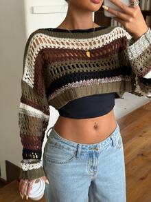 Muchica Striped Pattern Drop Shoulder Crop Sweater,Long Sleeve Tops,Knitted Sweater In Fall/Winter - Multicolor - View 6