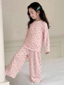 DAZY Ditsy Floral Loose Long Sleeve Casual T-Shirt Top + Straight Leg Pants 2 Pieces Set Loungewear For Young Girls Fall - Pink - View 5