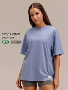 GLOWMODE Pima 棉中性短袖圓領寬鬆版型 T-shirt 日常休閒款 - 霧藍灰色 - 查看 1
