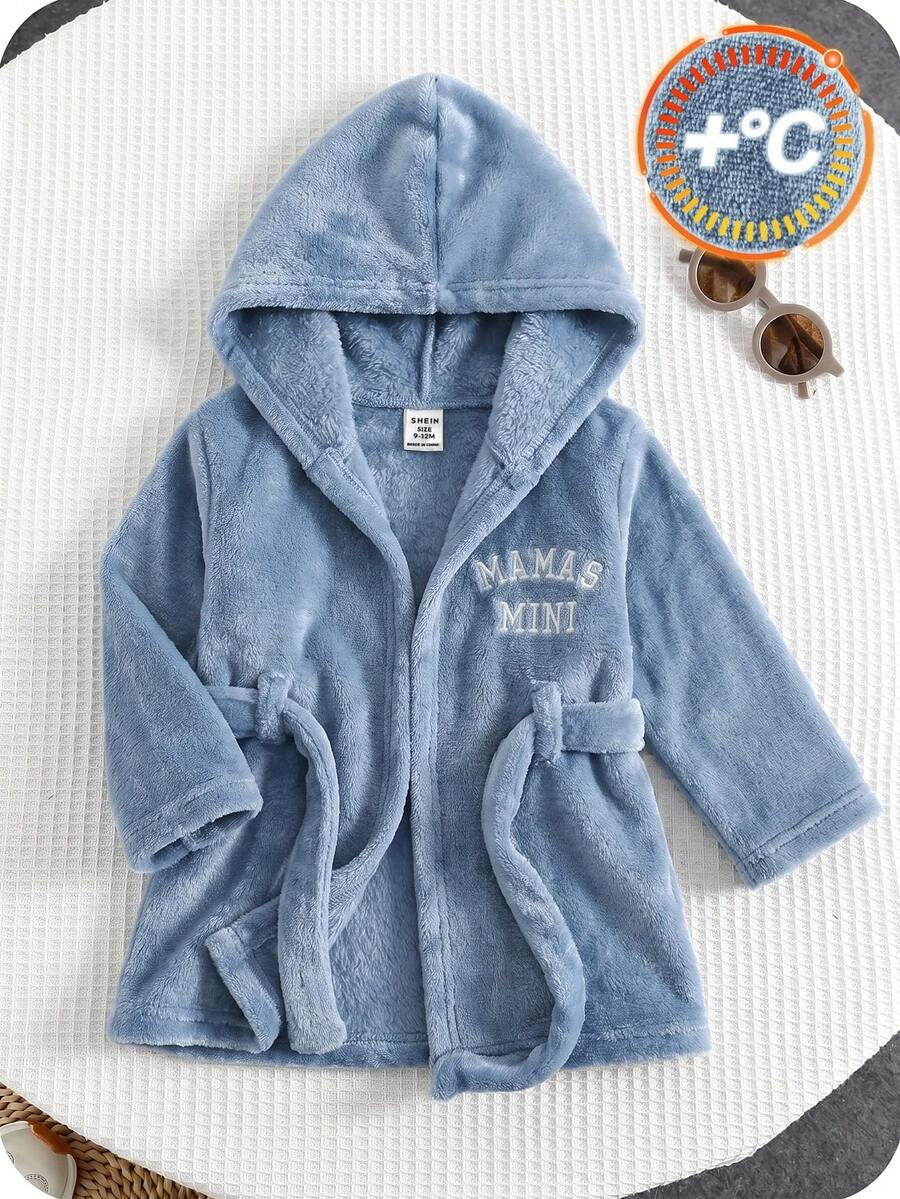 SHEIN 新生兒男嬰可愛秋冬款毛茸茸字母圖案藍色連帽居家服浴袍睡衣 - 霧霾藍 - 查看 1