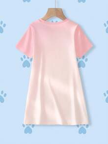 SHEIN | PAW Patrol 少女夏季可爱小狗和花卉印花短袖连衣裙 - 白色 - 查看 2
