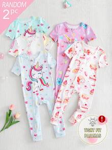 [2 Sets Random] Baby Girls Soft Knit Snug Fit Pajamas Short Sleeve & Shorts Romper Cute Multicolor Cartoon Print Casual Nightwear Spring Autumn - Multicolor - View 1
