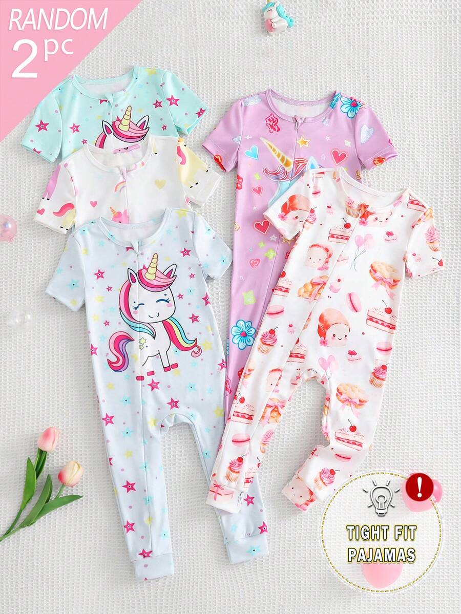 [2 Sets Random] Baby Girls Soft Knit Snug Fit Pajamas Short Sleeve & Shorts Romper Cute Multicolor Cartoon Print Casual Nightwear Spring Autumn - Multicolor - View 1