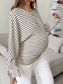 SHEIN Maternity Casual Striped Batwing Sleeve T-Shirt For Autumn Fall - Apricot - View 4