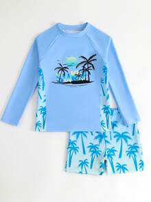 SHEIN 青少年男孩泳裝 日落島椰林系列 漸層「SURF」字母與鳥類圖案，上衣左右兩側為淺綠漸層滿版椰子樹印花，泳褲為淺藍至淺綠漸層底色搭配滿版藍色棕櫚椰子樹，時尚休閒，適合游泳 - 藍色 - 查看 6