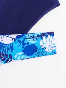 SHEIN Setelan Tankini Anak Perempuan Usia 8-12 Tahun, Warna Biru Tua, Motif Patchwork Daun Tropis, Atasan Lengan Panjang dan Celana Panjang, 2 Potongan, Pakaian Renang Pantai Pelindung Matahari - Navy Blue - View 6
