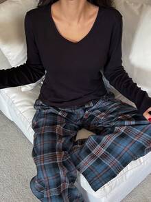 DAZY 两件套休闲舒适女士睡衣套装，春季保暖套装，秋冬季服装 - 黑色 - 查看 3