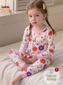 Baby Girl Comfortable Soft High Elasticity Rayon Fabric Multi-Color Floral All-Over Print Long Sleeve Crew Neck Leggings Pajama Set - Multicolor - View 8