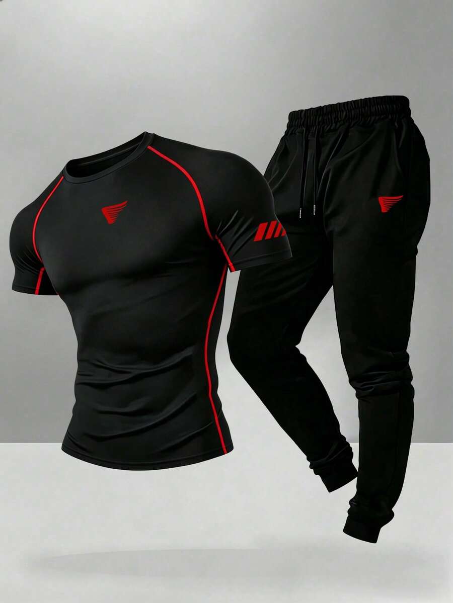 Gym Rark Men's Short Sleeve T-Shirt And Long Pants Sports Set - Black - View 1