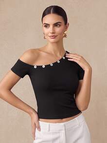 SHEIN Women's Solid Color Oblique Shoulder Button Design Short Sleeve Cropped Fitted T-Shirt - Multicolor - View 5
