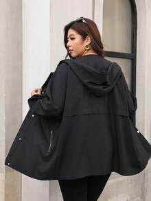 Reflora Plus Size Casual Versatile Hooded Jacket, Summer Office Black And Gold Fall - Black - View 9