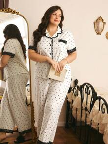 Côtesoire Plus Size French Elegant Polka Dot Print Knit Fabric, Contrast Color Lace Patchwork Short Sleeve Long Pants Pajama Set - Black and White - View 5