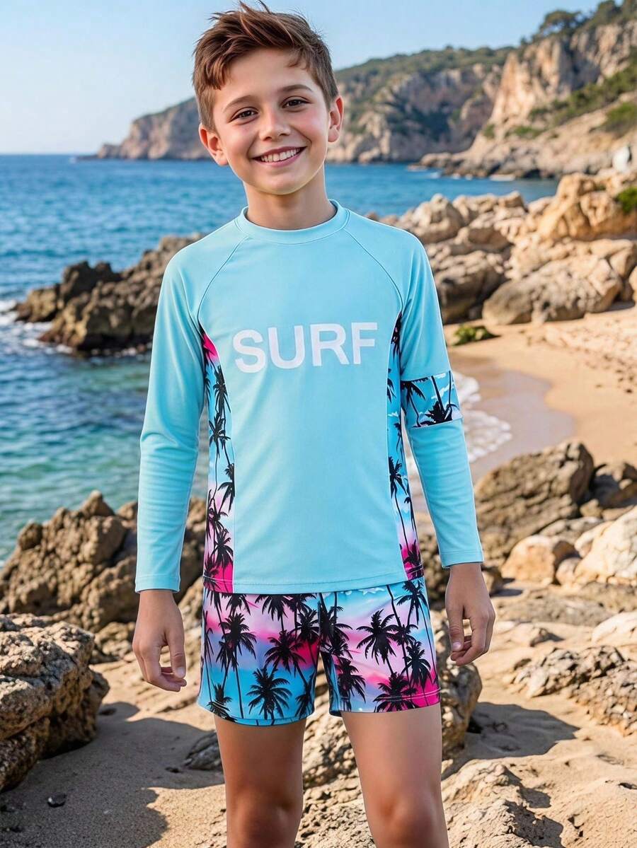 SHEIN 男童泳衣，绿色椰子树印花休闲运动泳衣，适合度假和夏季穿着
