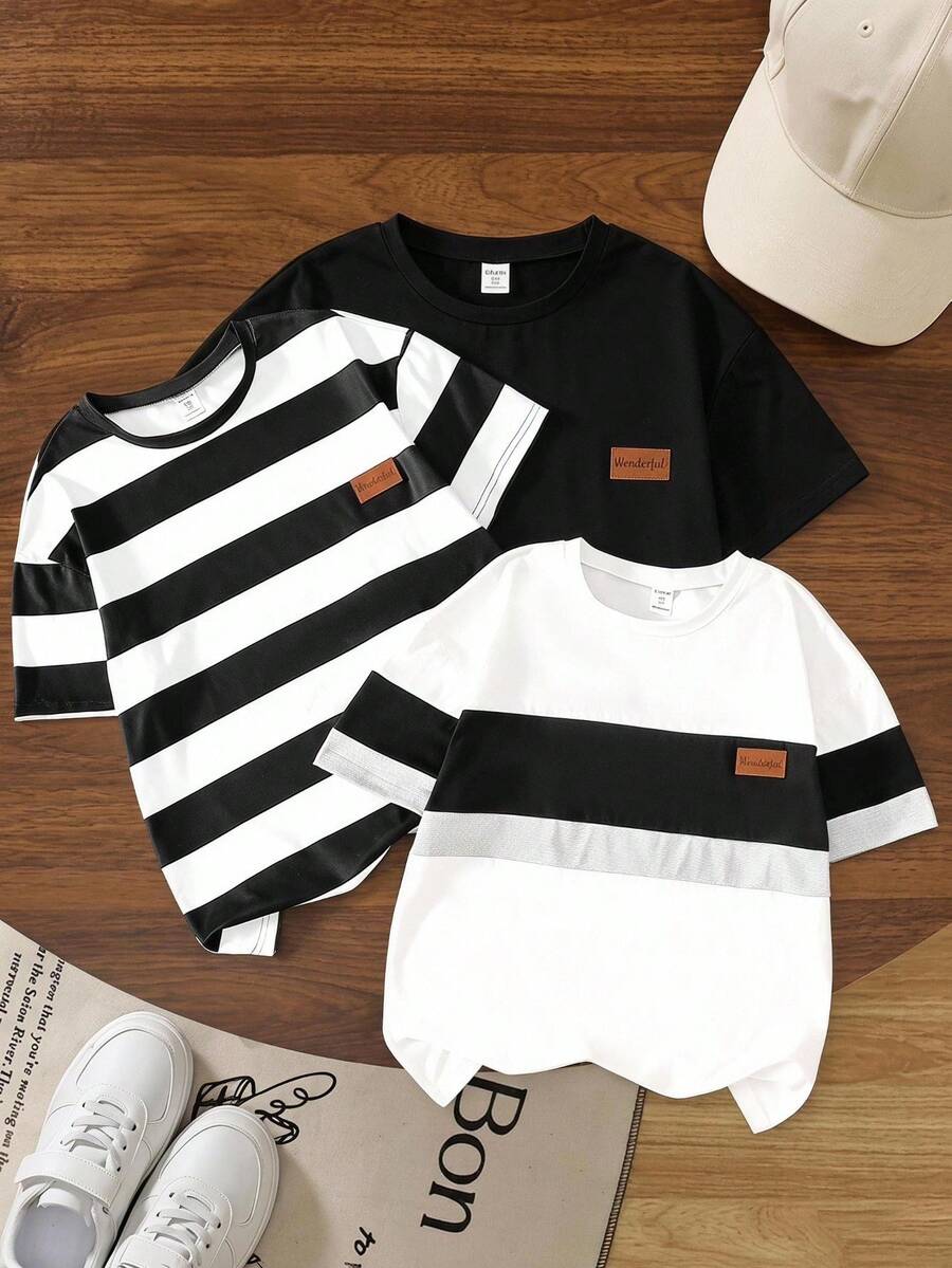 SHEIN 3pcs Tween Boy Letter Print Short Sleeve Tee, Solid Color & Striped Patchwork Round Neck T-Shirts, Suitable For Casual, Holiday, Sports, Summer - Multicolor - View 1